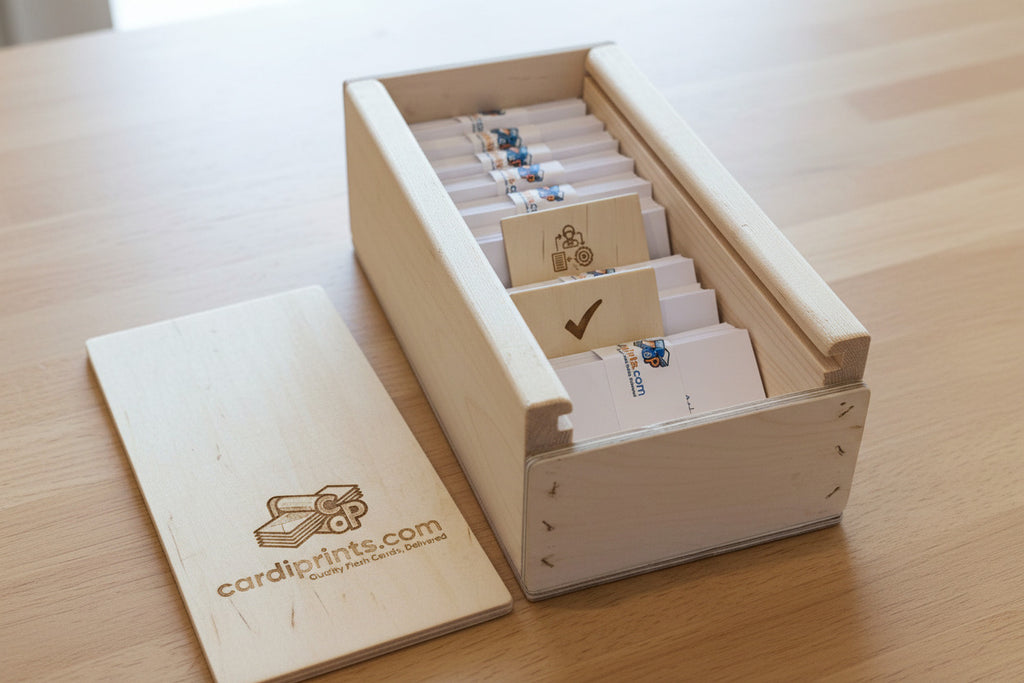 Box of printed cards with visible branding on a textured surface