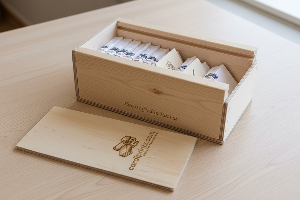 Wooden box with cards and a wooden card holder on a textured surface