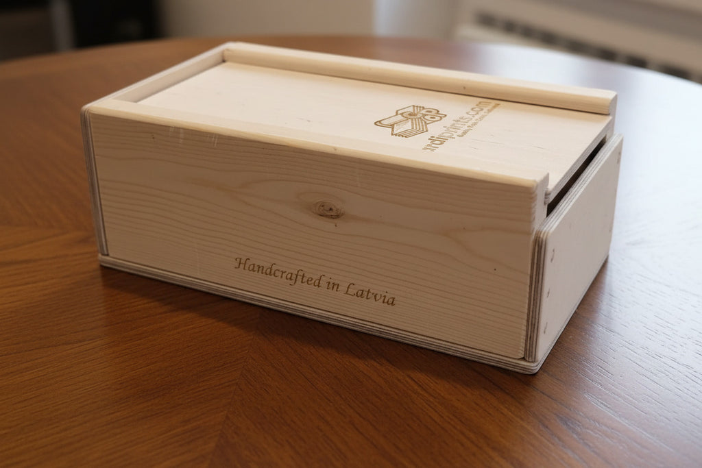 Wooden box with 'cardboard.com' branding on a textured surface