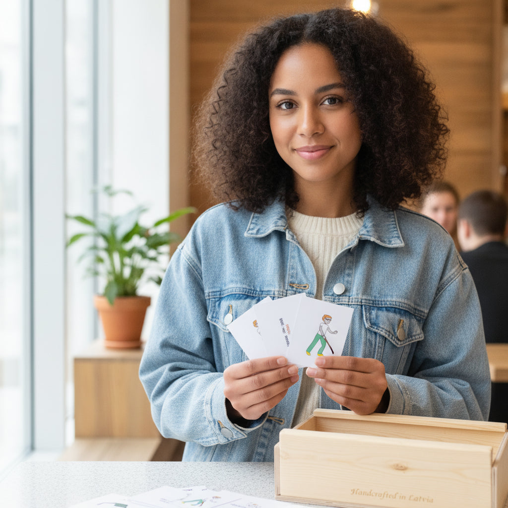 Woman holding flashcards in an indoor setting